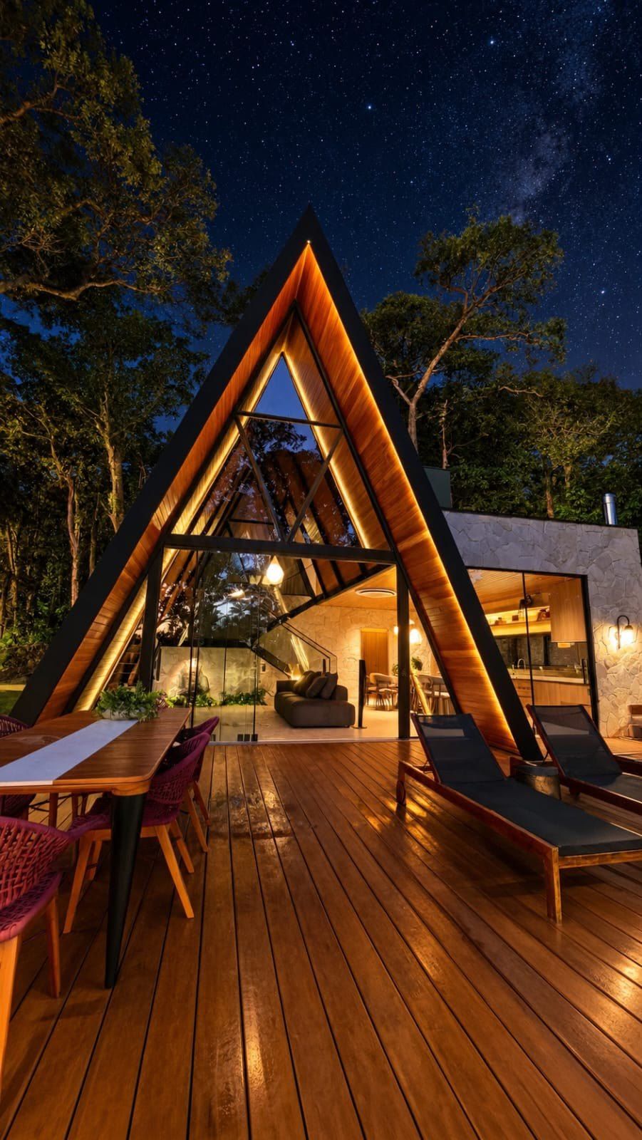 Chalé Giardino iluminado à noite, com deck, mesa de jantar e espreguiçadeiras em frente à fachada de vidro