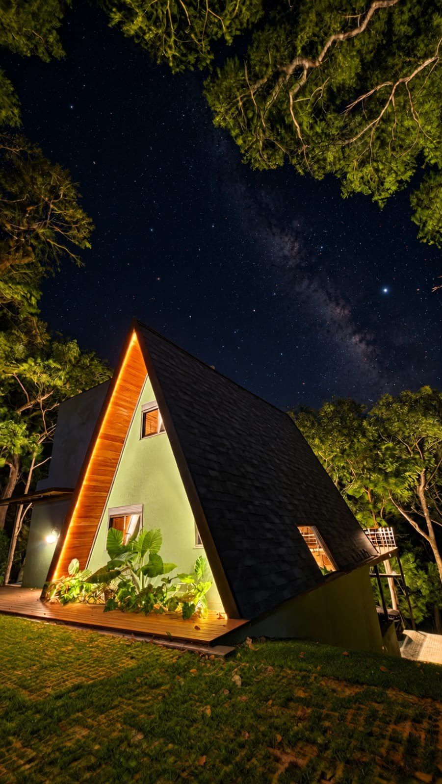 Chalé Giardino sob o céu estrelado, com a Via Láctea visível entre as árvores